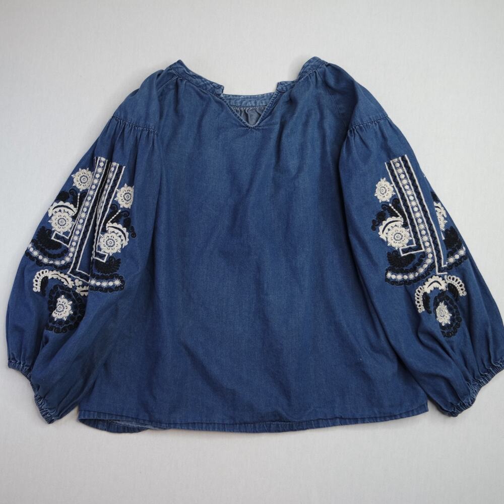 Anthropologie Denim Long Gathered Sleeve Blouse W/ Embroidery Cottagecore Small